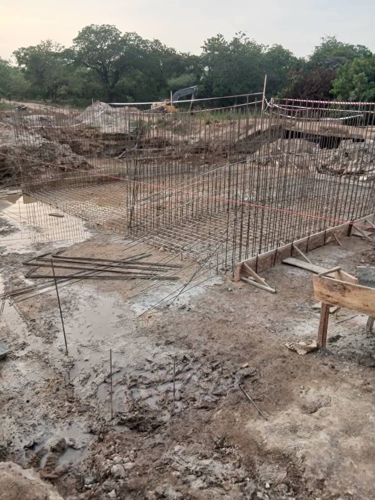 Reinforced foundation cage at dusk